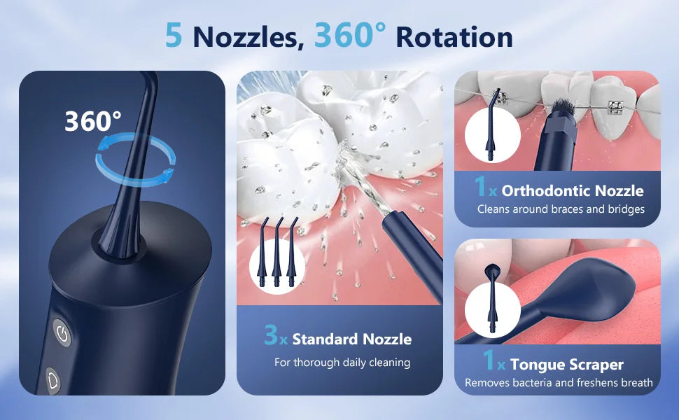 Sejoy Water Dental Flosser Oral Irrigator for Teeth 300ml Water Tank 5 Modes 5 Nozzels Teeth Cleaner Rechargeable Dental Floss