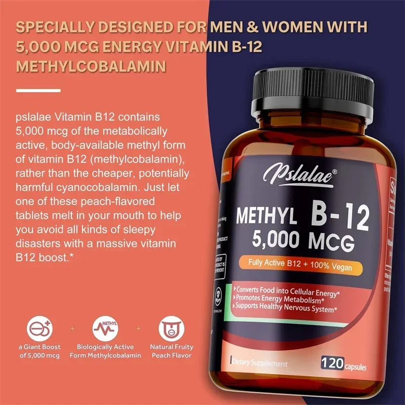 Vitamin B12 - 5000 MCG Supplement -Benefits Brain & Heart Function, Supports Memory,Boost Natural Energy Supple - 120 Capsules