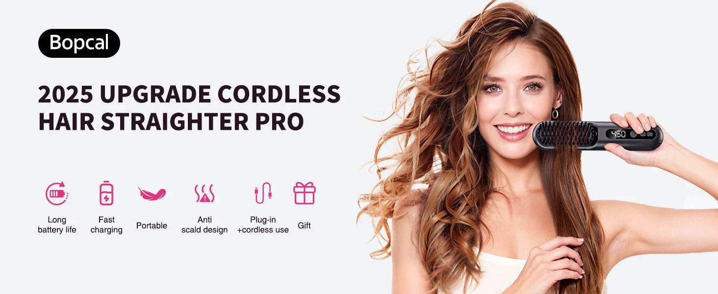 BOPCAL Cordless Hair Straightener Brush 10000mAh LED Display Negative Ions Hair Care Ceramic Electric Hot Heating Comb