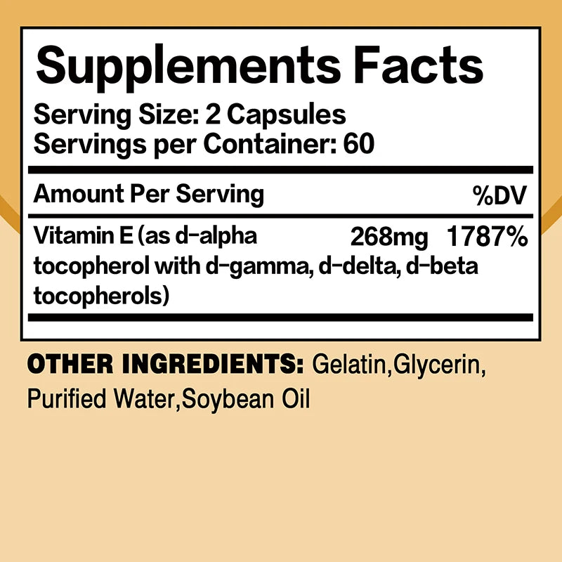 Vitamin E 268mg - Anti-aging,Brightens The Complexion, Tightens The Skin, Reduce Wrinkles, Antioxidant - 120 Capsules