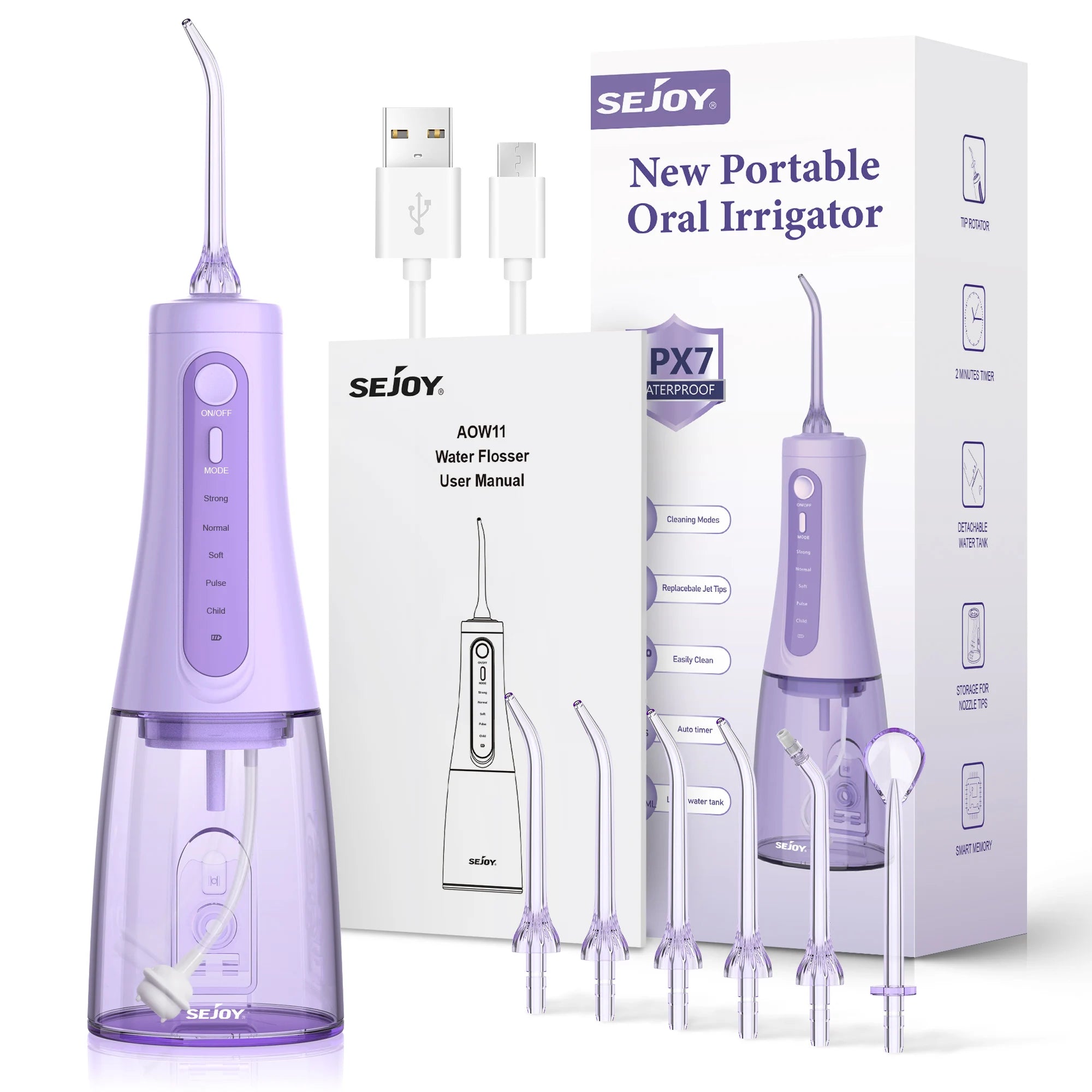 Sejoy Electric Oral Irrigator Water Flosser Portable Dental Water Flosser 6 Jets 5 Modes 350ml Tank Rechargeable Teeth Cleaner