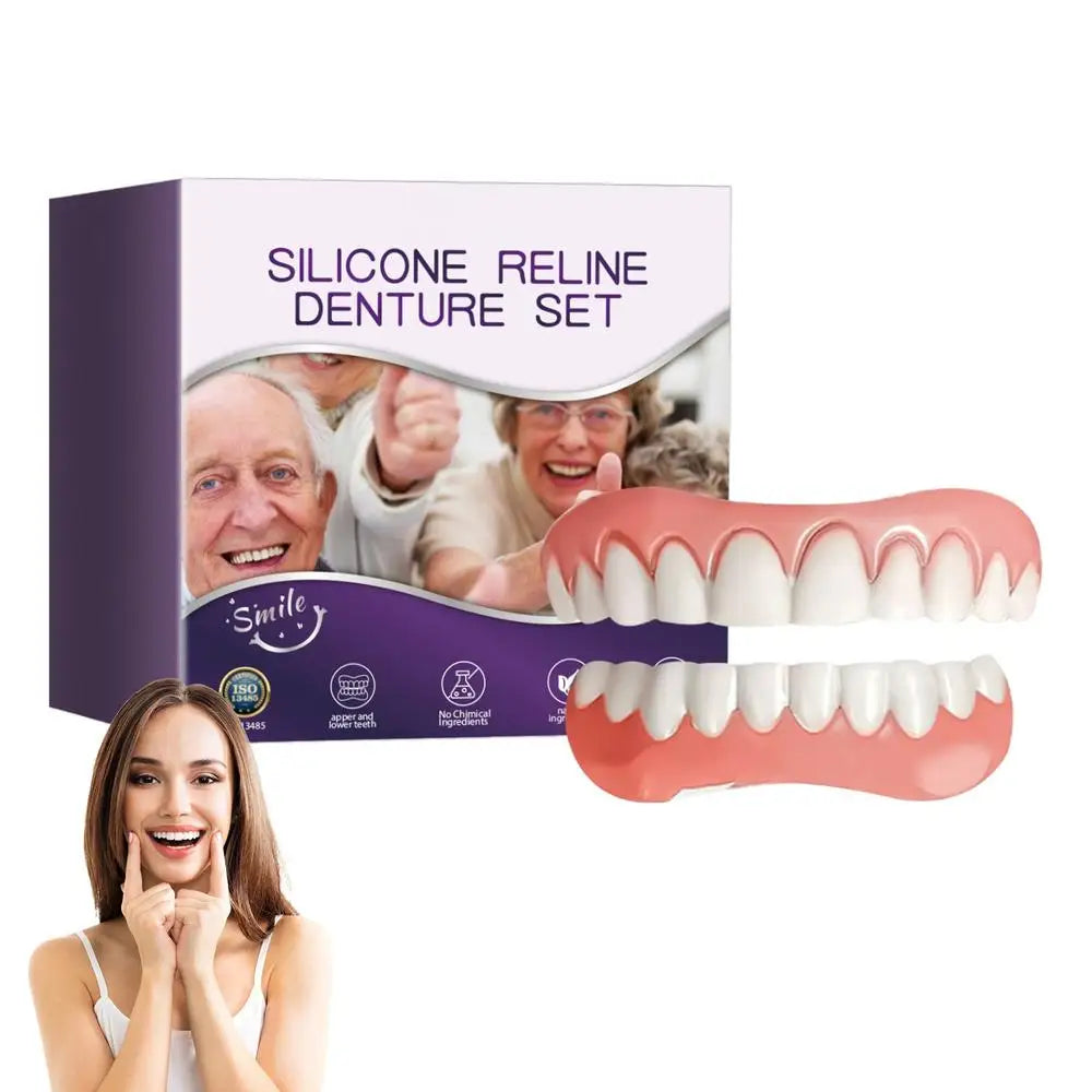 Silicone Denture Set False Teeth Silicone Upper Lower Veneers Denture Silicone Liners Soft Denture Kit Men Women Dental Patches
