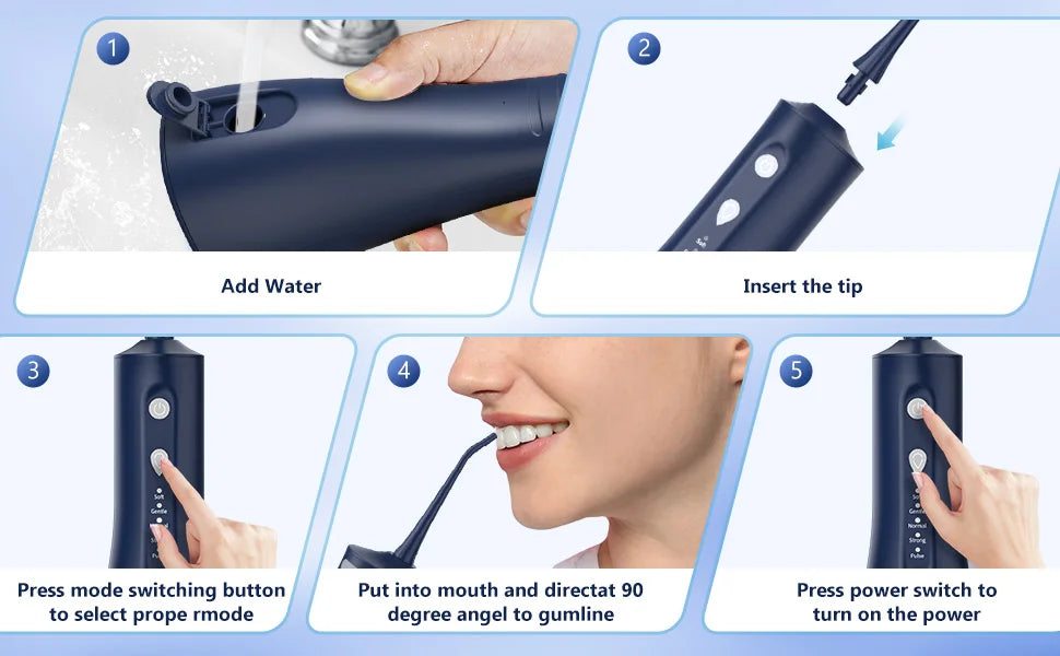 Sejoy Water Dental Flosser Oral Irrigator for Teeth 300ml Water Tank 5 Modes 5 Nozzels Teeth Cleaner Rechargeable Dental Floss