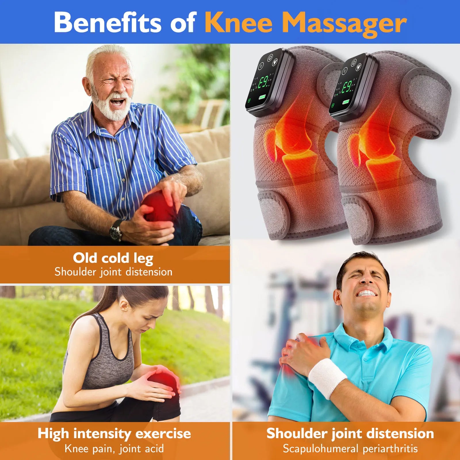 Rechargeable Electric Knee Massager 3-in1 Heated Vibration Pad for Joint Pain Relief Elbow Shoulder Arthritis Support Belt