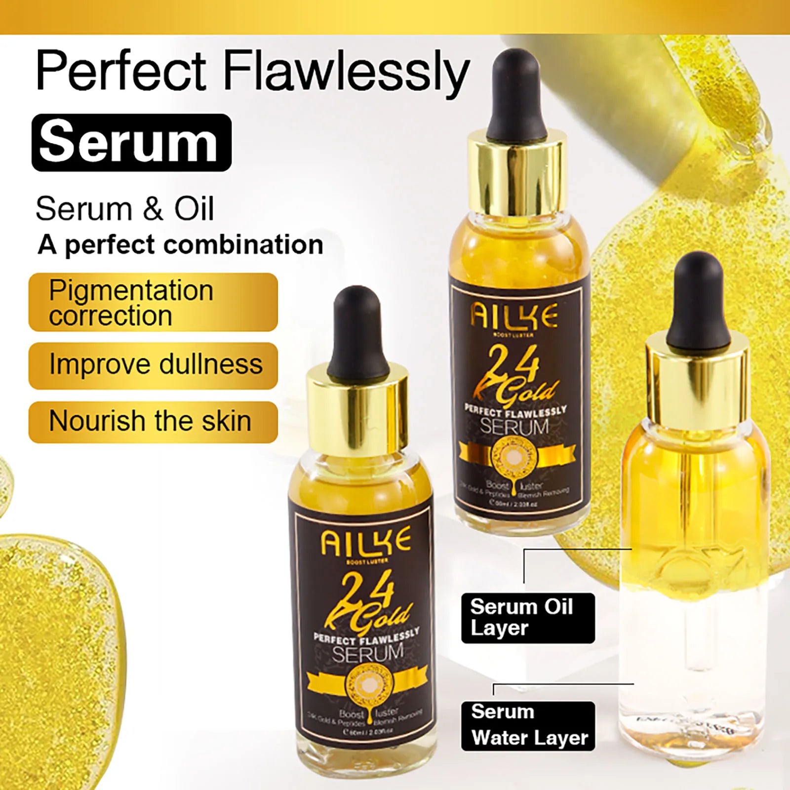 AILKE 24k Gold Flawlessly Body Oil, Natural Plant Oil For All Skin Type, Skin Moisturizer, Reduce Spots, Smoothing, Brightening