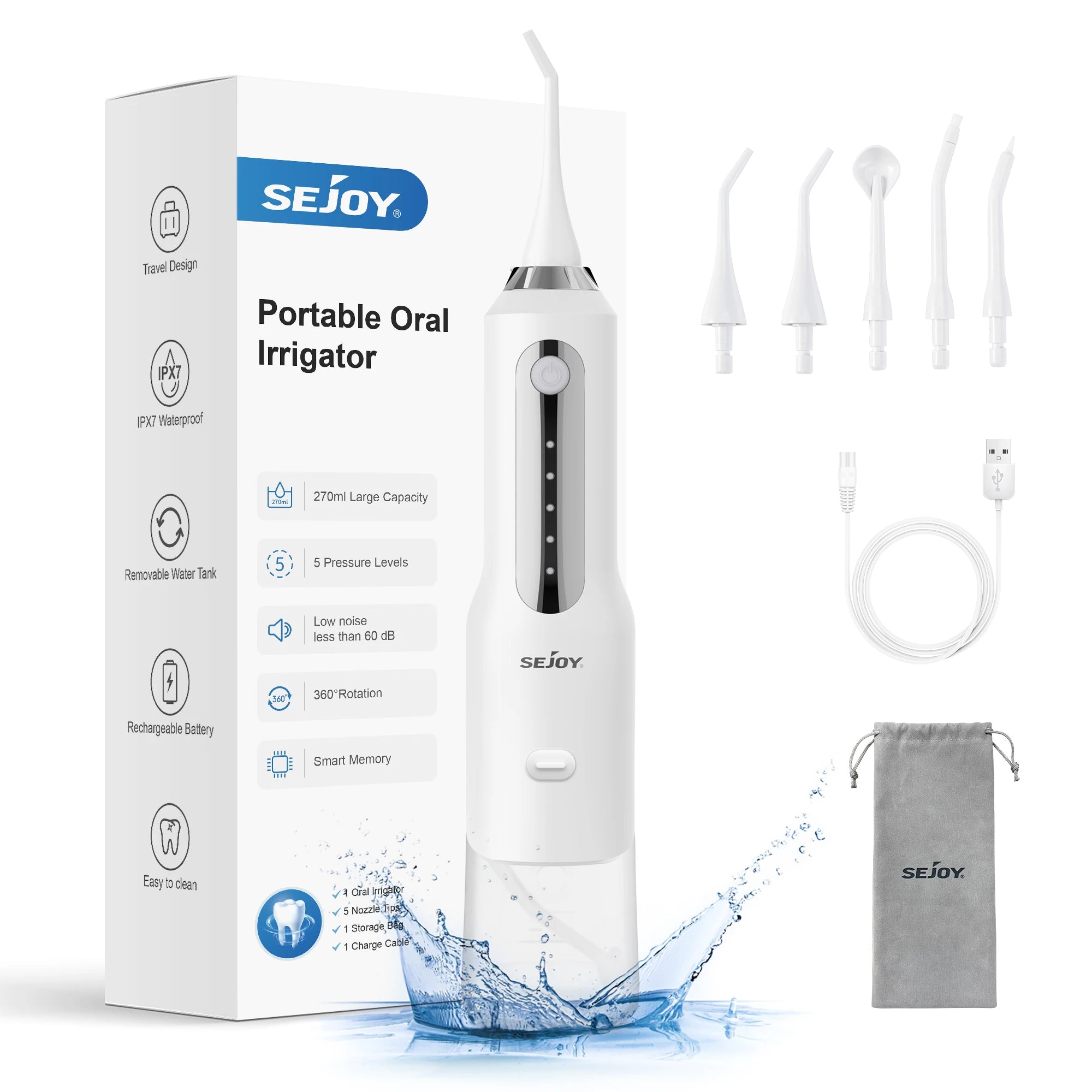 SEJOY Dental Oral Irrigator Water Flosser,5 Nozzles,USB Rechargeable 270ml Tank,Water Floss Teeth Pick Mouth Washing Machine