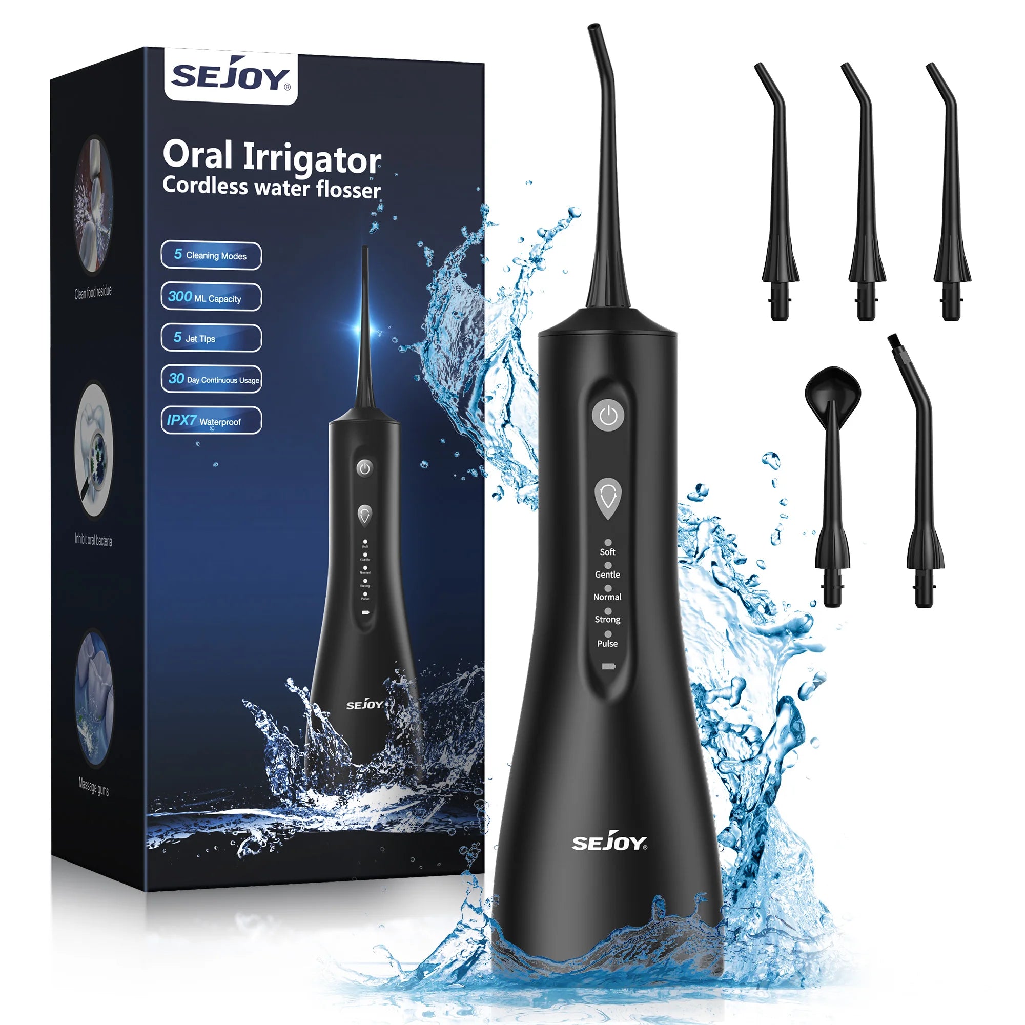 Sejoy Water Dental Flosser Oral Irrigator for Teeth 300ml Water Tank 5 Modes 5 Nozzels Teeth Cleaner Rechargeable Dental Floss