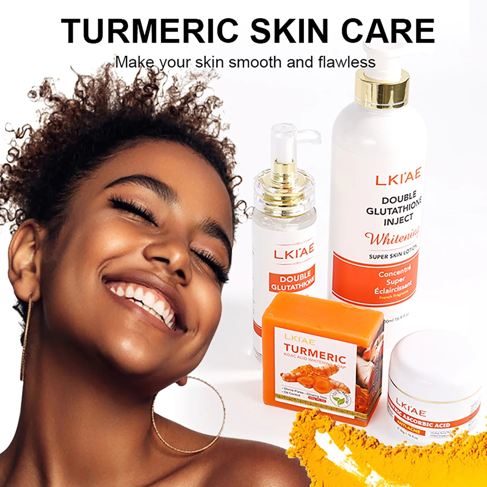 Natural Turmeric Whitening Skin Care Set, Moisturizing, Reduce Dark Spots, Acne, Even Skin Tone, With Glutathione And Aloe