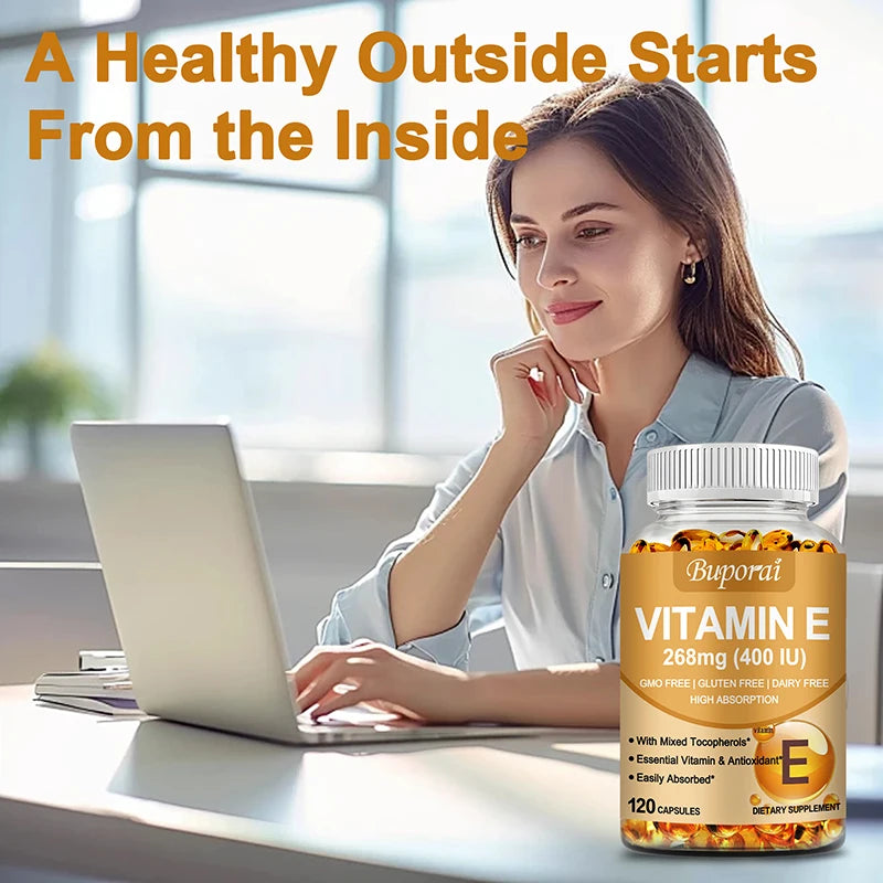 Vitamin E 268mg - Anti-aging,Brightens The Complexion, Tightens The Skin, Reduce Wrinkles, Antioxidant - 120 Capsules