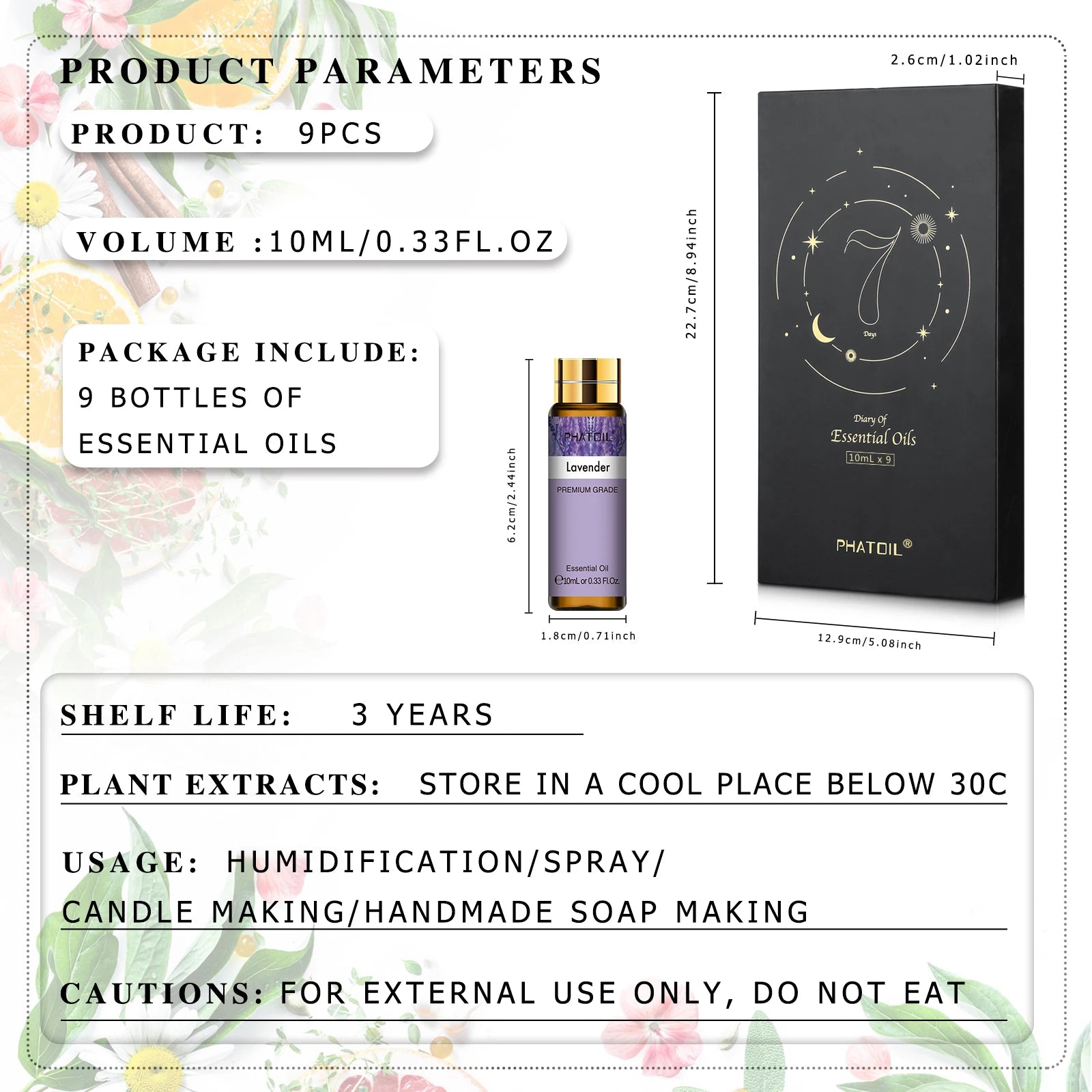 PHATOIL 9pcs Essential Oil Set-10ml Lavender Jasmine Eucalyptus Vanilla Peppermint Sandalwood Frankincense Sweet Orange Rose Oil