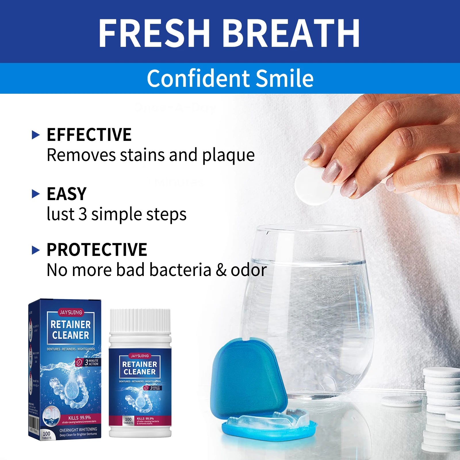100 Tabs Denture Cleaning Tablet False Tooth Retainer Cleaner Tablets Whitening Remove Odor Discoloration Stain Plaque Oral Care