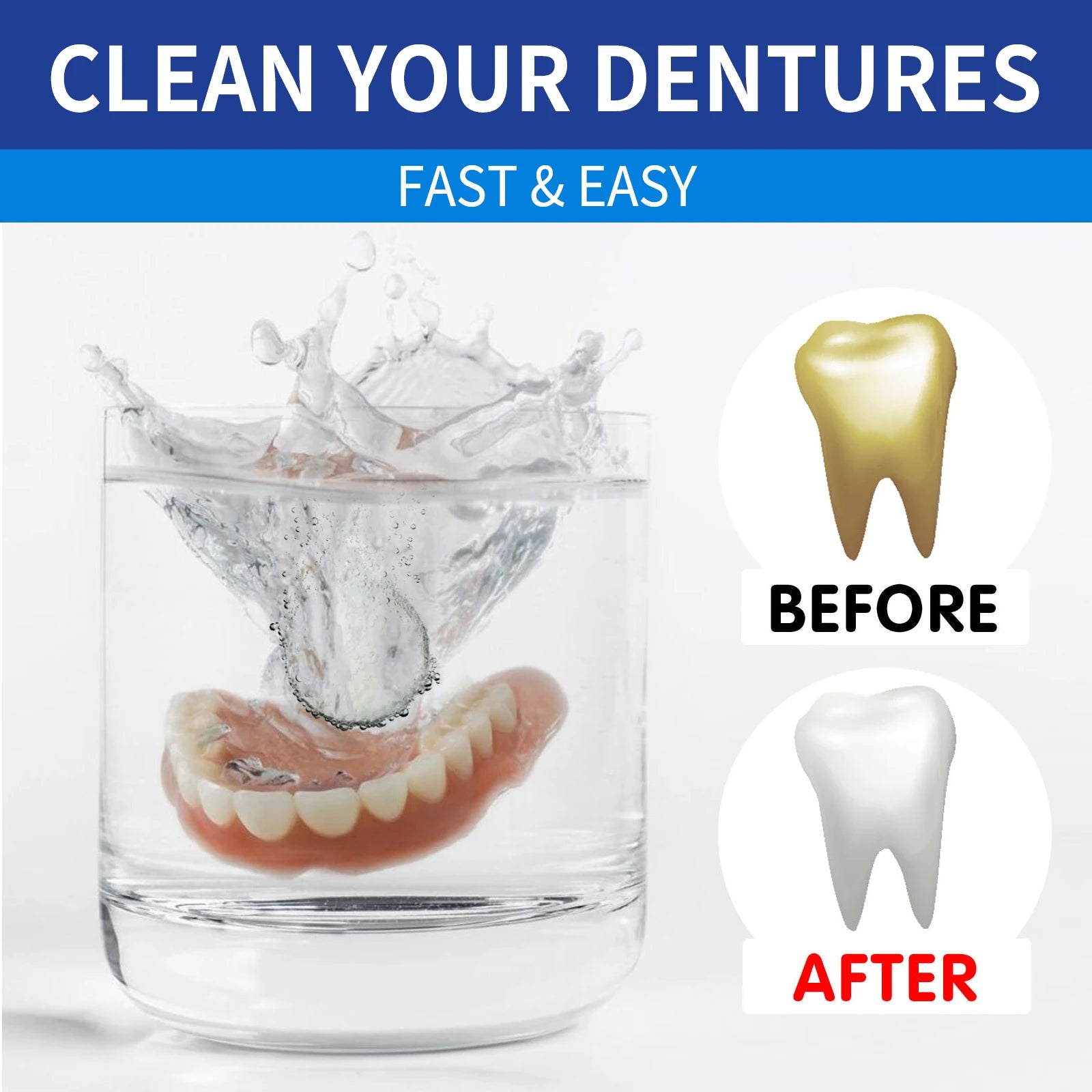 100 Tabs Denture Cleaning Tablet False Tooth Retainer Cleaner Tablets Whitening Remove Odor Discoloration Stain Plaque Oral Care