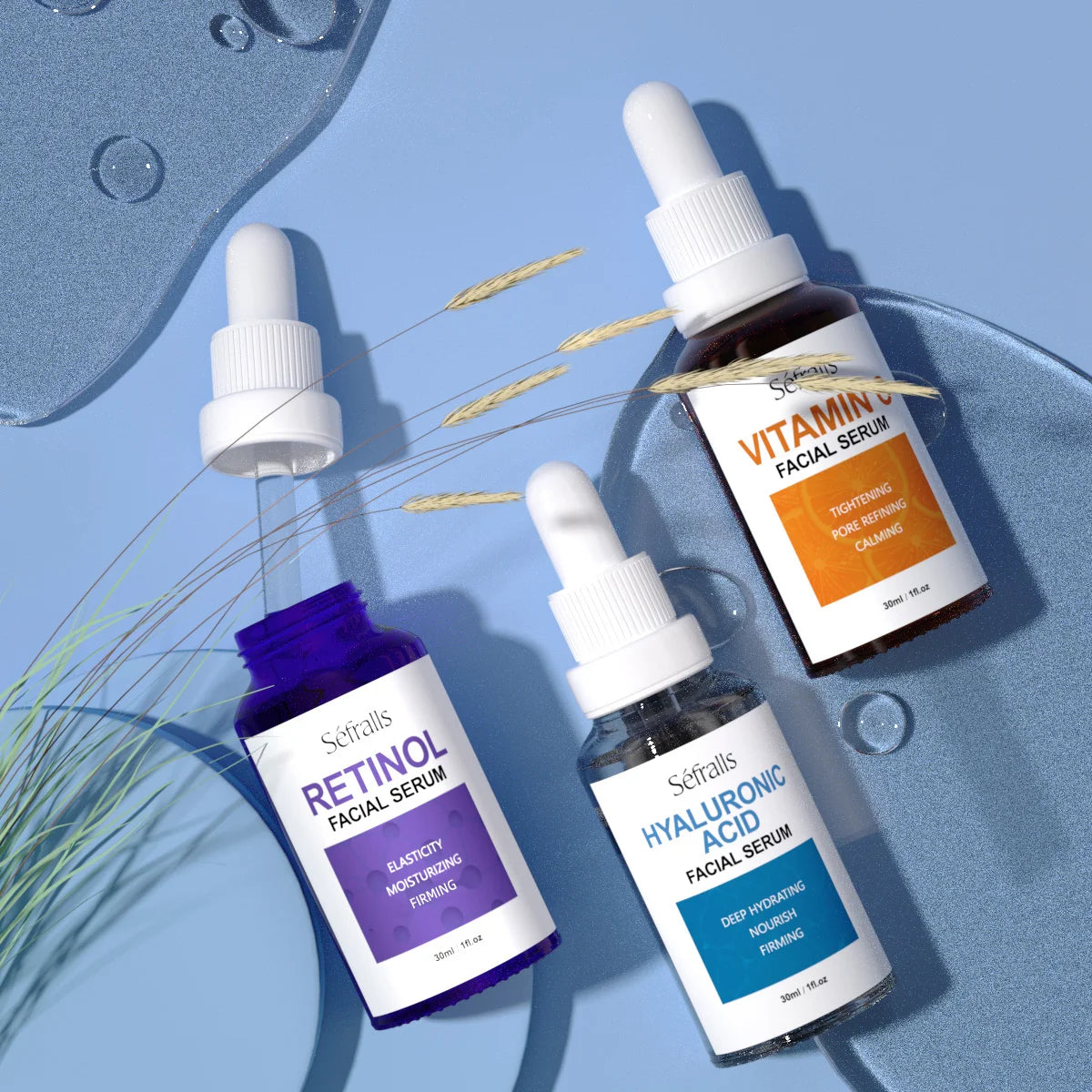 Séfralls Hyaluronic Acid VC Essence Set 30ml*3pcs With Vitamin-C Vitamin-A and Hyaluronic Acid Serum For Glistening, Firming Hy
