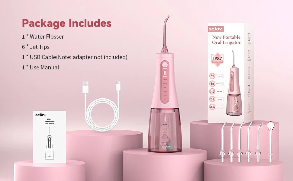 Sejoy Electric Oral Irrigator Water Flosser Portable Dental Water Flosser 6 Jets 5 Modes 350ml Tank Rechargeable Teeth Cleaner