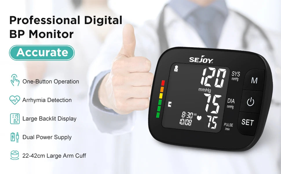 SEJOY Digital Upper Arm Automatic Blood Pressure Monitor Backlight&Voice BP Sphygmomanometer for Measuring Arterial Pressure