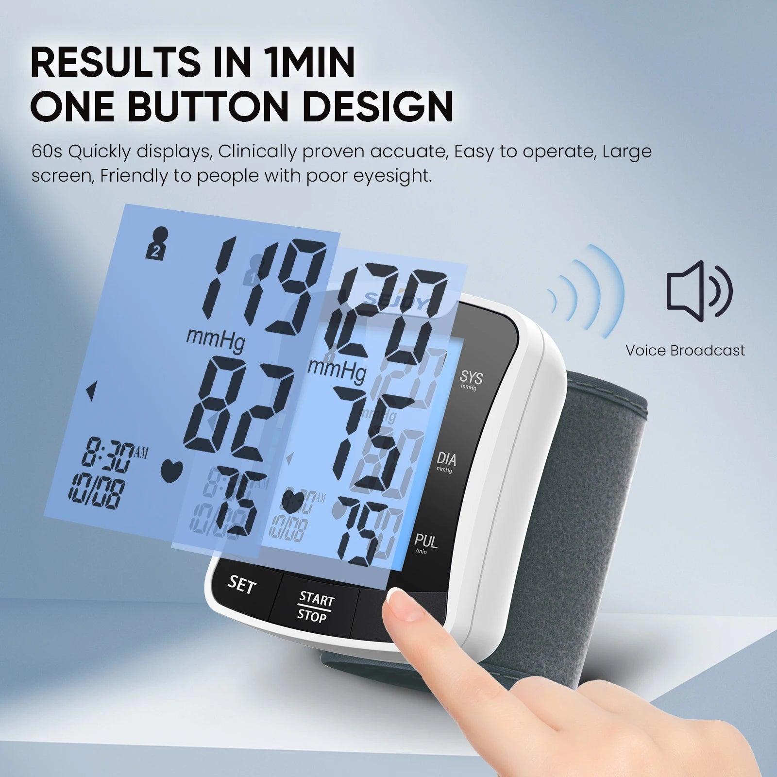 SEJOY Electronic Wrist Blood Pressure Monitor with Backlight Voice Digital Sphygmomanometer Electronic BP Monitors Blood Meter