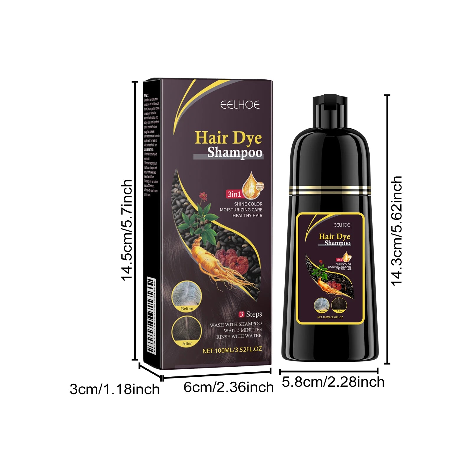 Eelhoe 100ml Hair Dye Shampoo 3 In 1 Black Brown Herbal Instant Coloring Gray White Hair Cover Nourish Care Hair Dyeing Shampoo