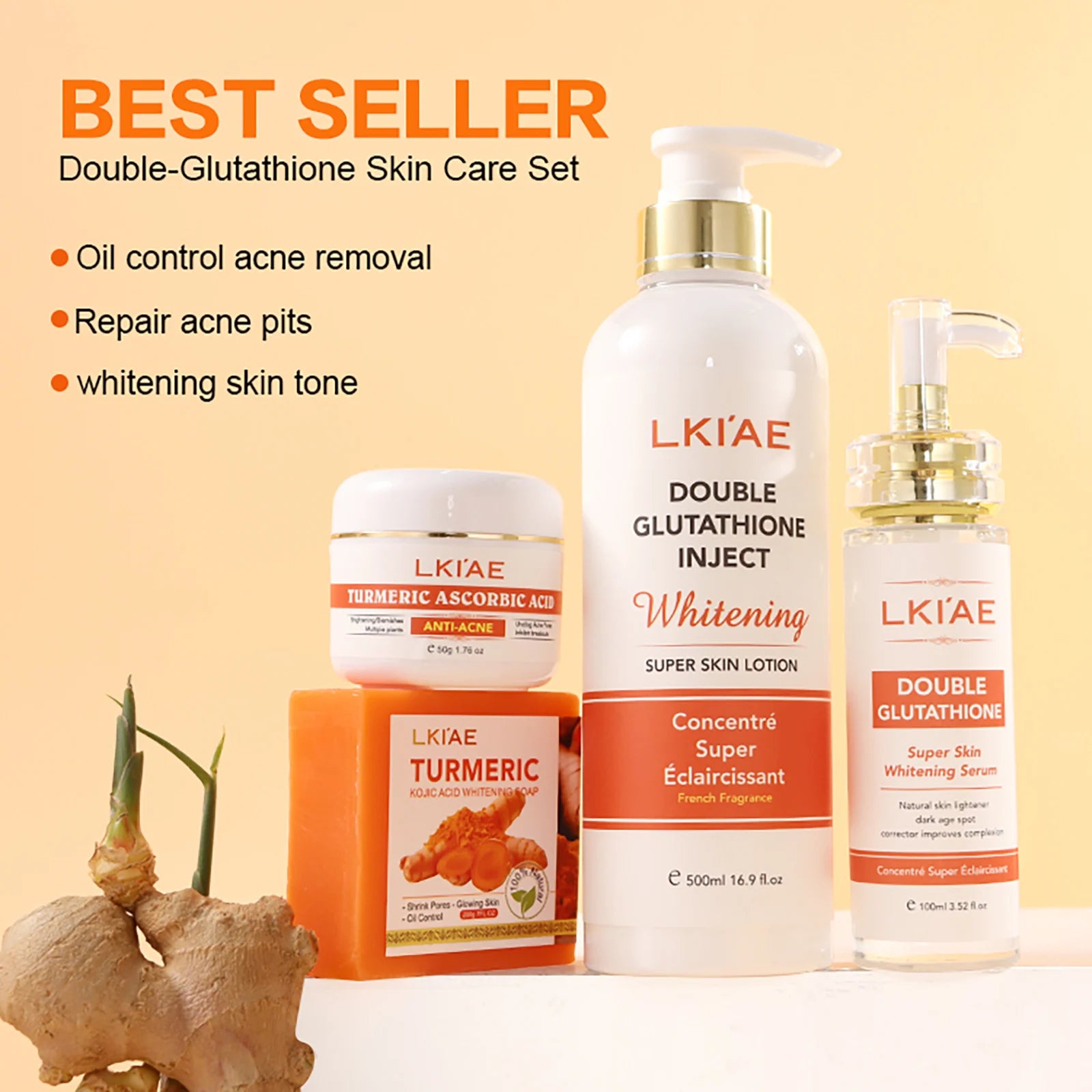 Natural Turmeric Whitening Skin Care Set, Moisturizing, Reduce Dark Spots, Acne, Even Skin Tone, With Glutathione And Aloe