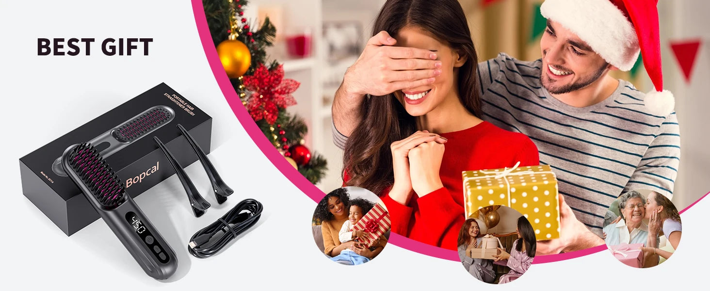 BOPCAL Cordless Hair Straightener Brush 10000mAh LED Display Negative Ions Hair Care Ceramic Electric Hot Heating Comb