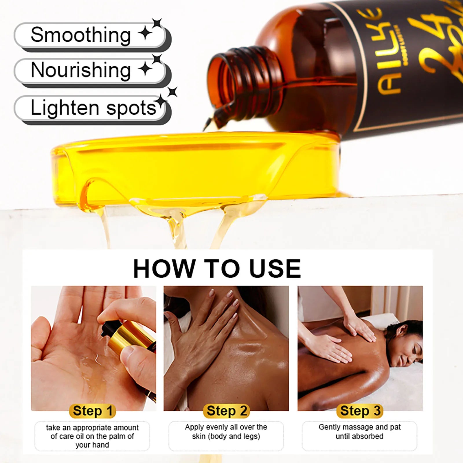 AILKE 24k Gold Flawlessly Body Oil, Natural Plant Oil For All Skin Type, Skin Moisturizer, Reduce Spots, Smoothing, Brightening