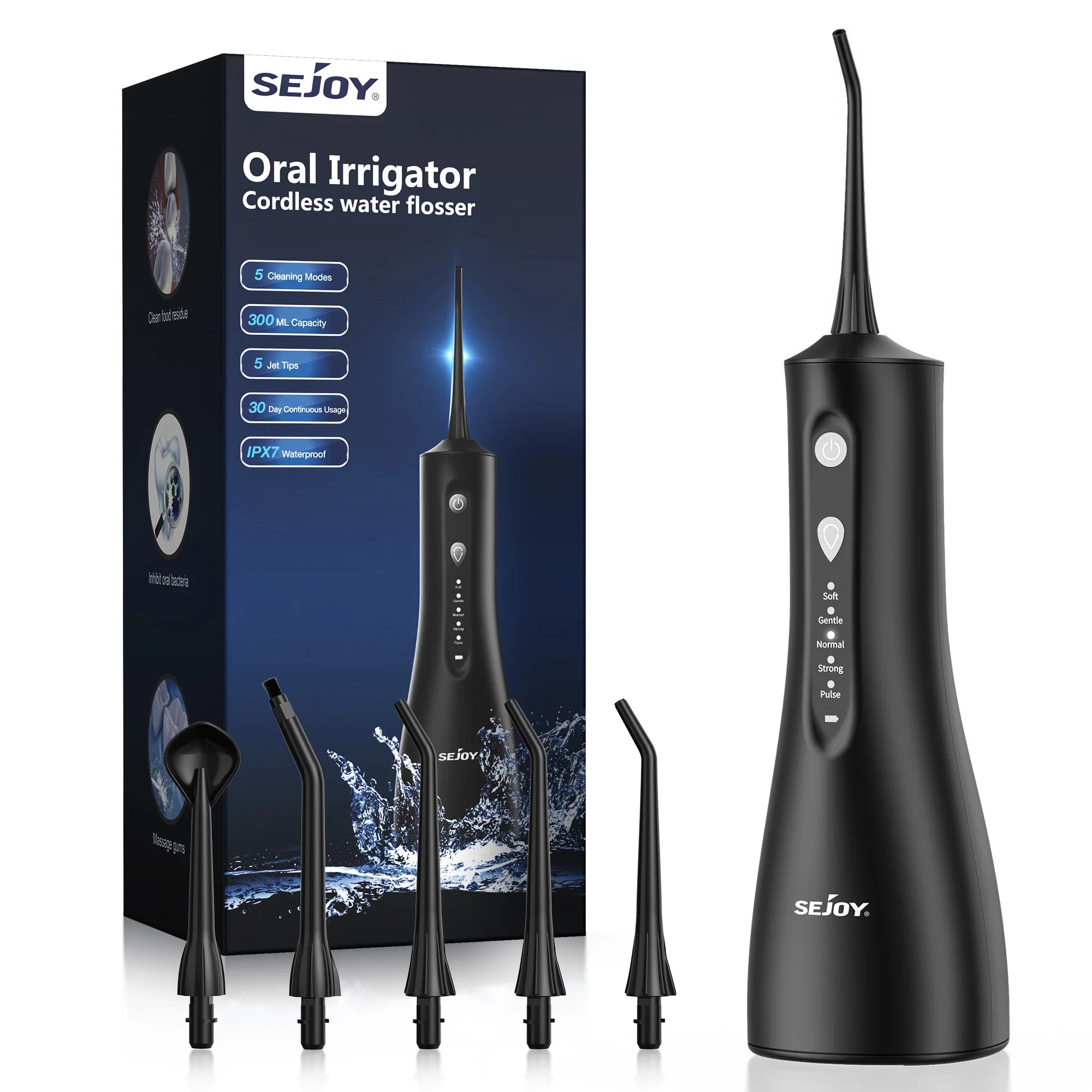 Sejoy Water Dental Flosser Oral Irrigator for Teeth 300ml Water Tank 5 Modes 5 Nozzels Teeth Cleaner Rechargeable Dental Floss
