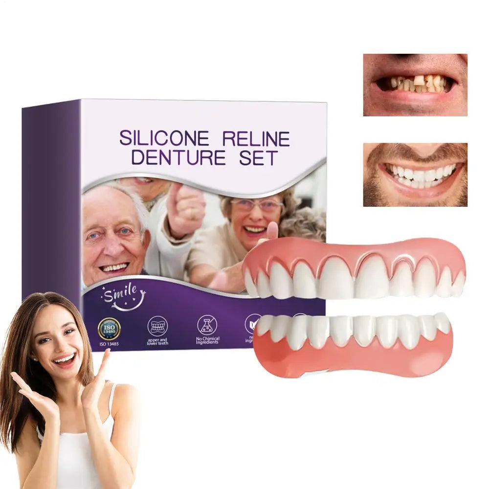 Silicone Denture Set False Teeth Silicone Upper Lower Veneers Denture Silicone Liners Soft Denture Kit Men Women Dental Patches