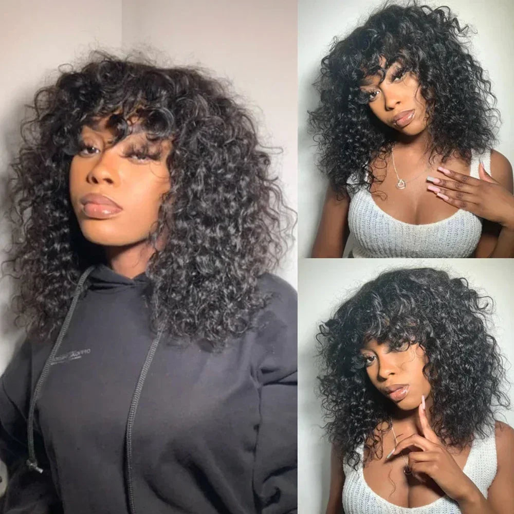 Curly Human Hair Wigs Machine Made Scalp Top Wig With Bangs 200% Density Shoulder-Grazing Curly Wig with Wispy Bangs