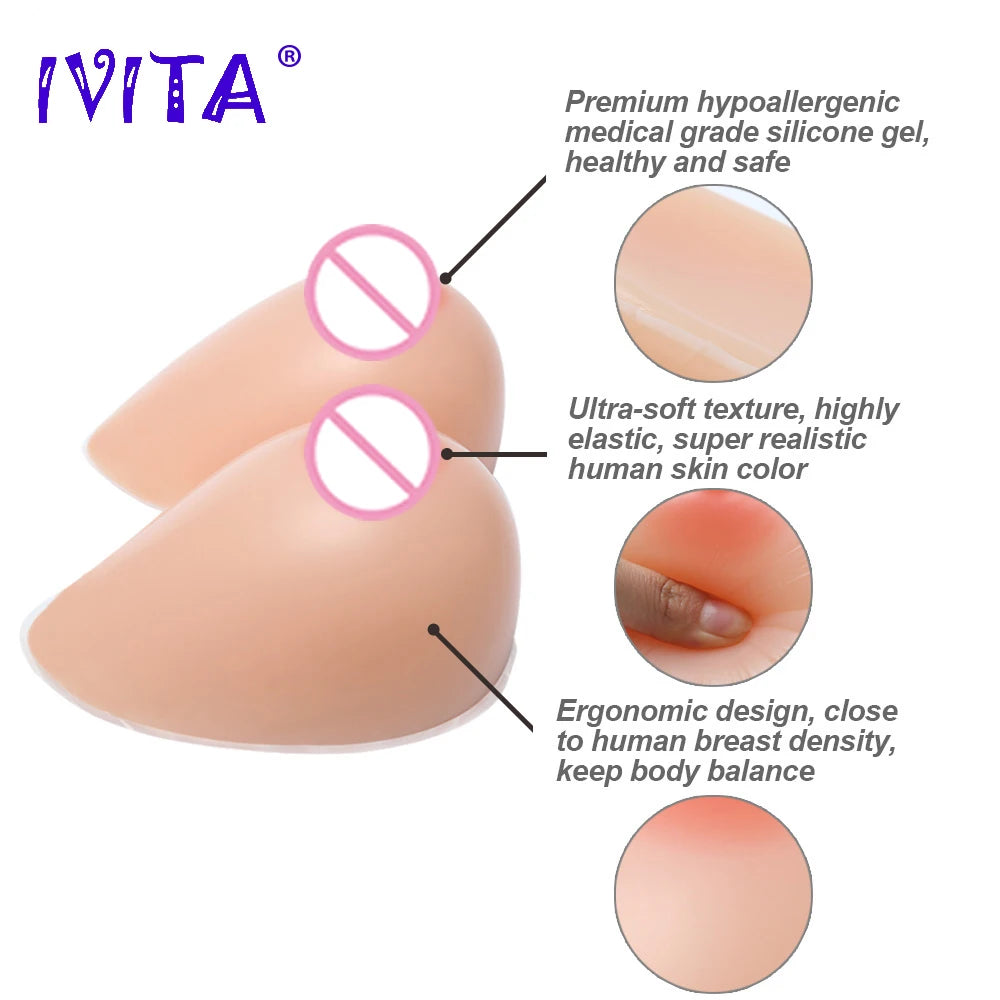 IVITA 1 Pair Realistic Self-adhesive Silicone Fake Breasts Form Fake Boobs for Crossdresser Prosthesis Transgender Cosplay