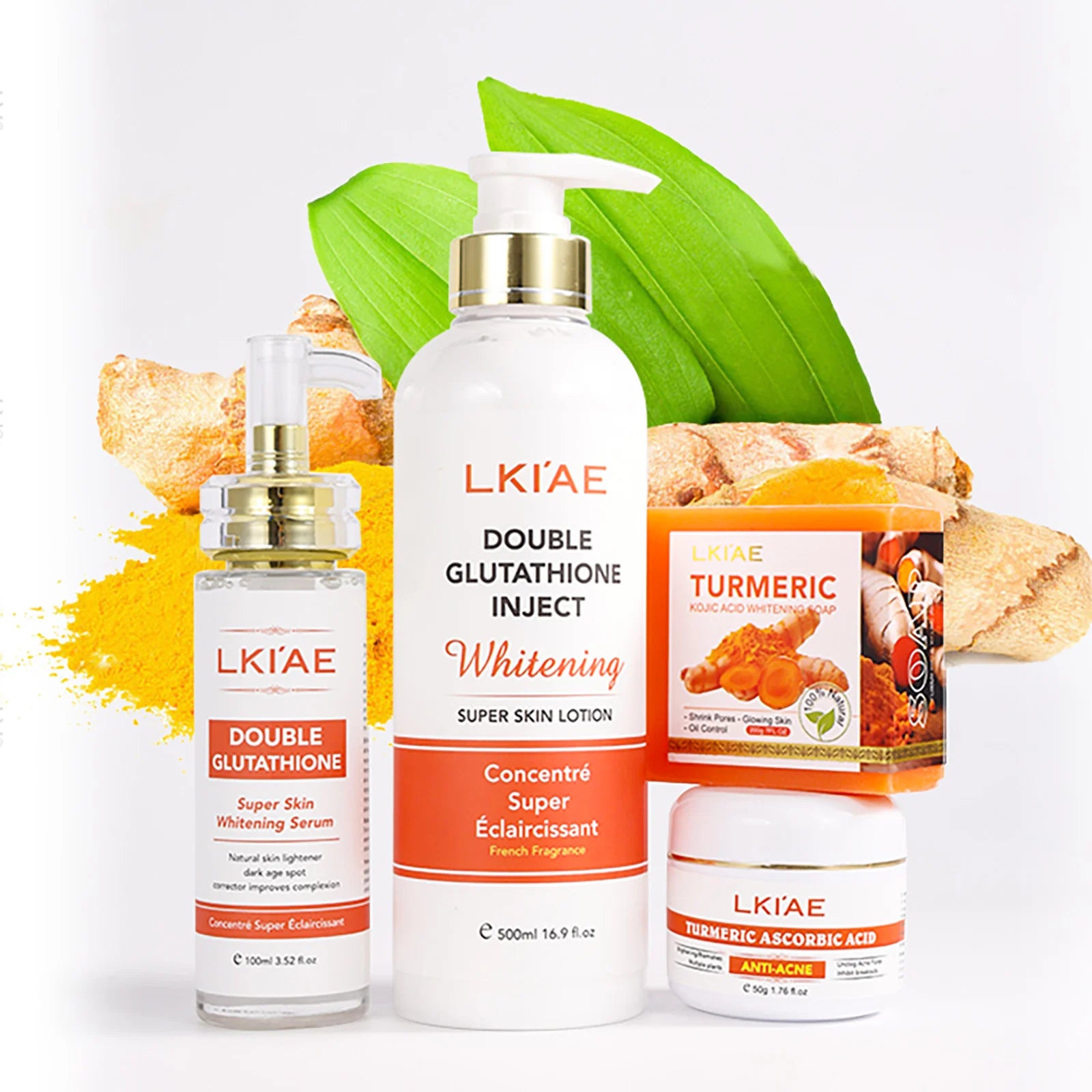 Natural Turmeric Whitening Skin Care Set, Moisturizing, Reduce Dark Spots, Acne, Even Skin Tone, With Glutathione And Aloe