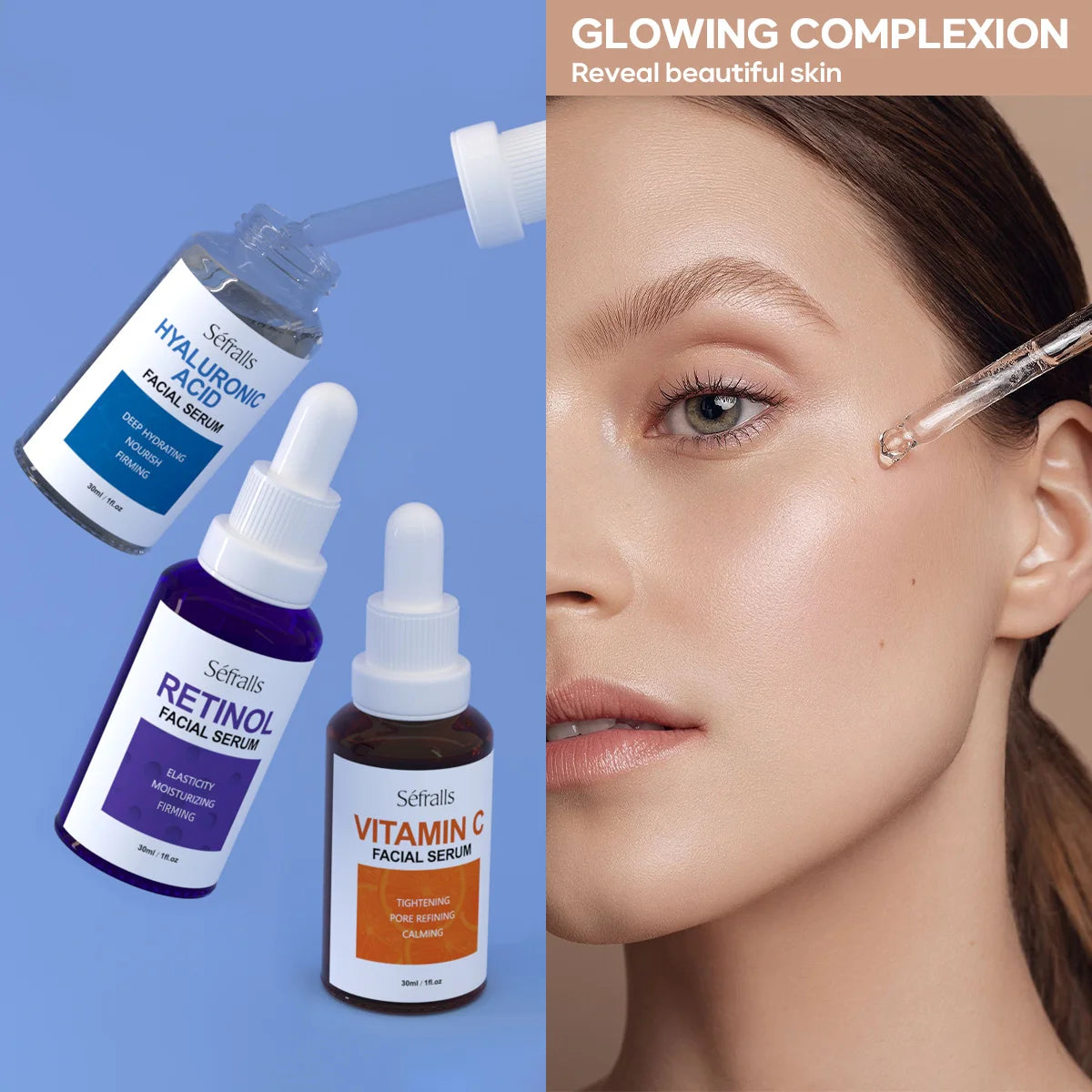 Séfralls Hyaluronic Acid VC Essence Set 30ml*3pcs With Vitamin-C Vitamin-A and Hyaluronic Acid Serum For Glistening, Firming Hy