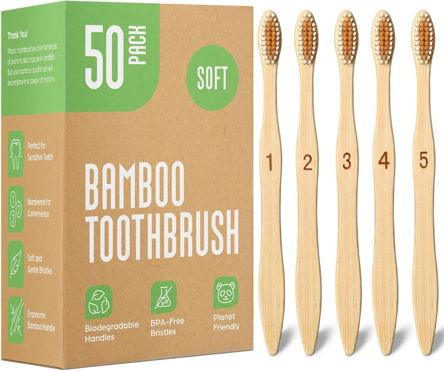 Biodegradable bamboo toothbrush 10 packs, environmentally friendly, compostable natural wooden toothbrush