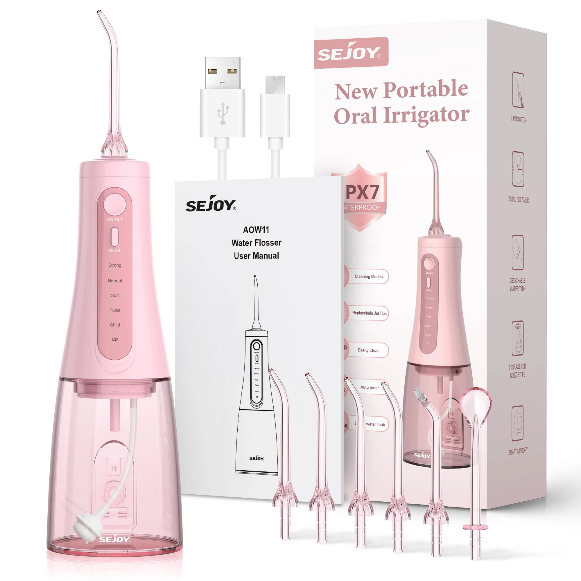 Sejoy Electric Oral Irrigator Water Flosser Portable Dental Water Flosser 6 Jets 5 Modes 350ml Tank Rechargeable Teeth Cleaner