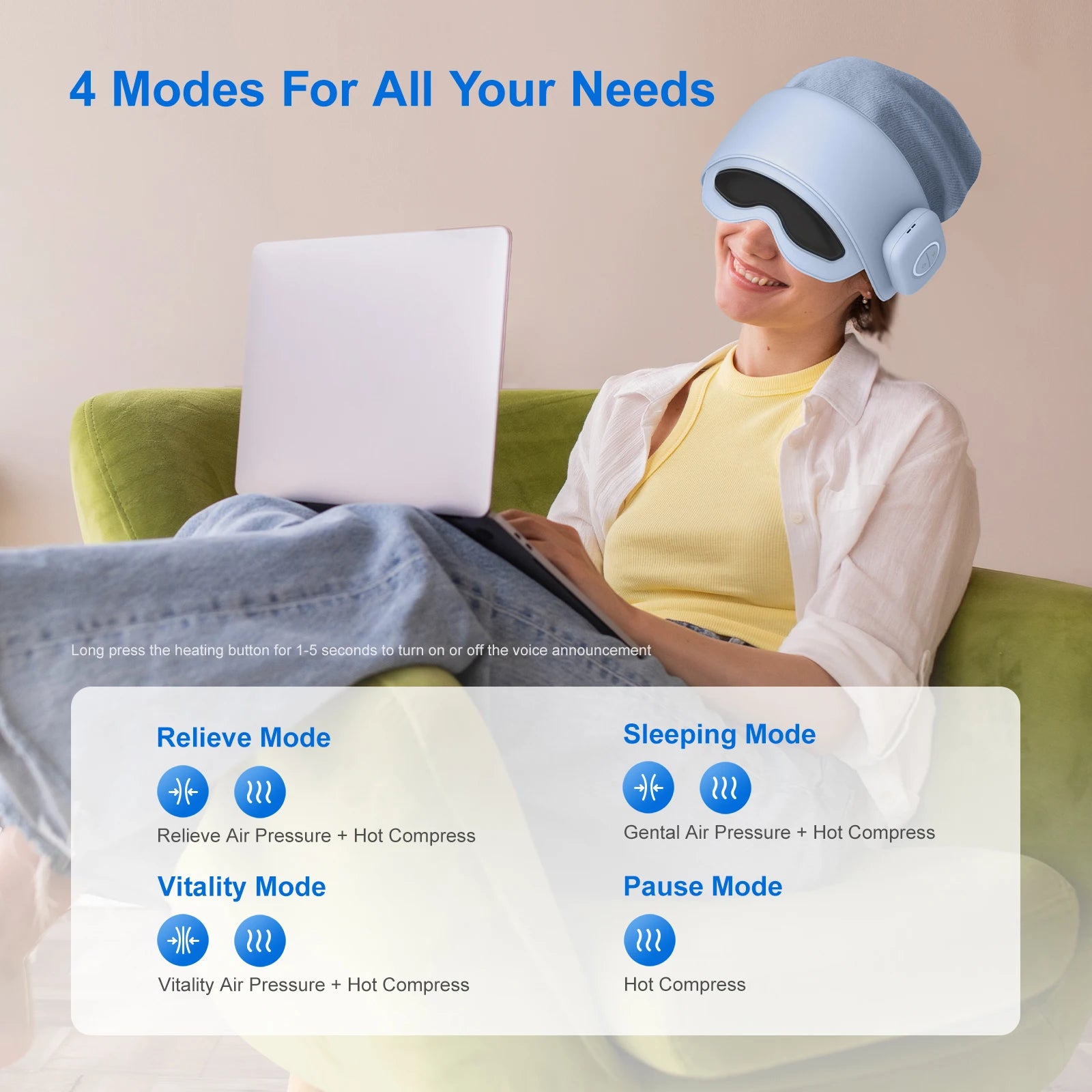 Head Massager with Eye Mask for Fatigue Relief, 4 Modes, 2 Heat Settings, Bluetooth-Capable, Rechargeable,Ideal for Rest & Relax