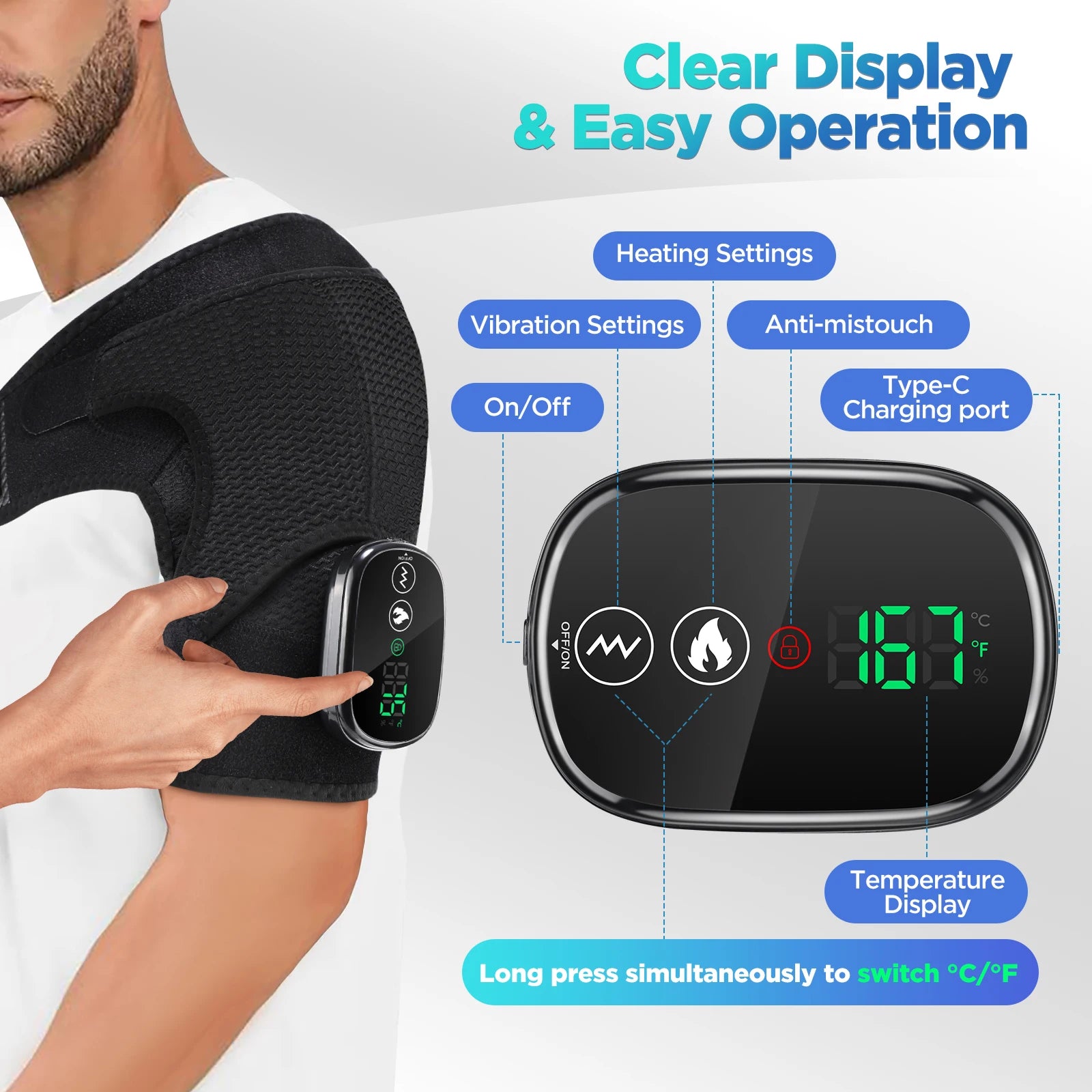Heated Shoulder Heating Massage Belt Rechargeable Vibration Pad Electric Arm Muscle Relax Machine 3 Gear Shoulder Support Brace