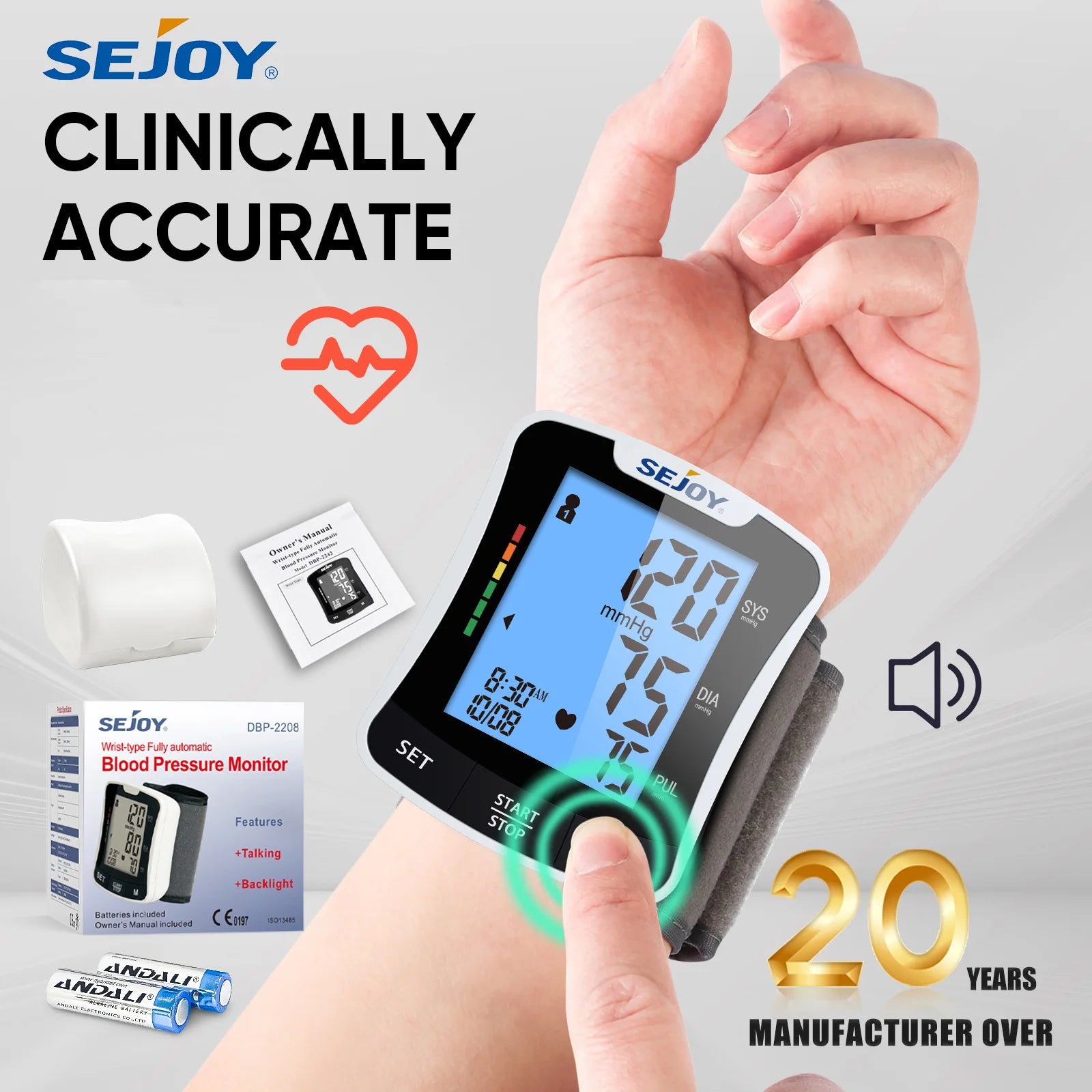 SEJOY Electronic Wrist Blood Pressure Monitor with Backlight Voice Digital Sphygmomanometer Electronic BP Monitors Blood Meter