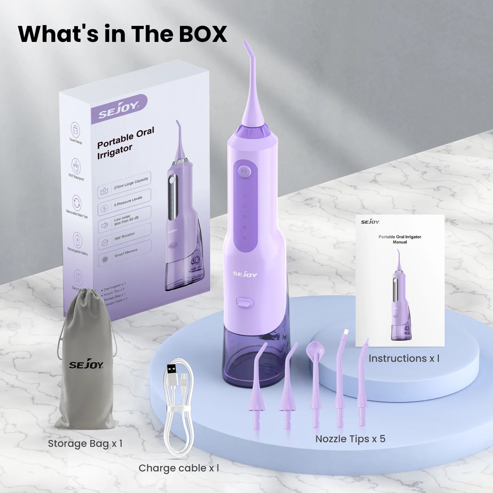 SEJOY Dental Oral Irrigator Water Flosser,5 Nozzles,USB Rechargeable 270ml Tank,Water Floss Teeth Pick Mouth Washing Machine