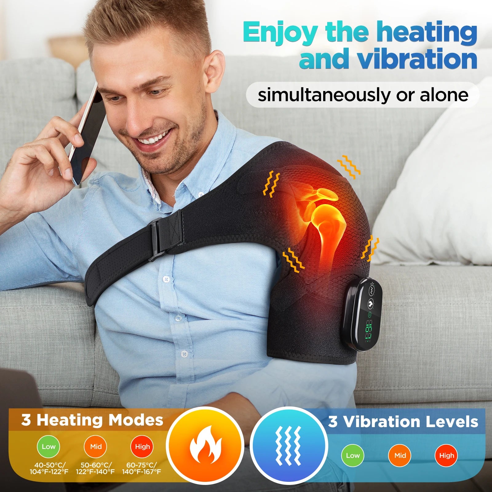 Heated Shoulder Heating Massage Belt Rechargeable Vibration Pad Electric Arm Muscle Relax Machine 3 Gear Shoulder Support Brace