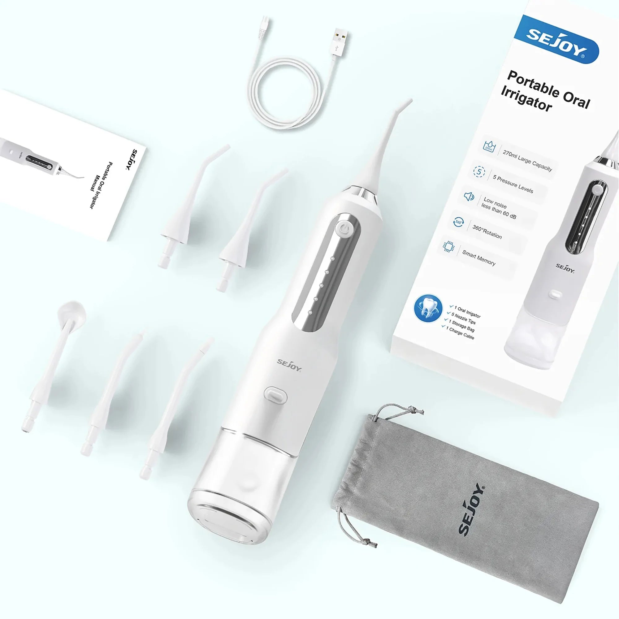 SEJOY Dental Oral Irrigator Water Flosser,5 Nozzles,USB Rechargeable 270ml Tank,Water Floss Teeth Pick Mouth Washing Machine