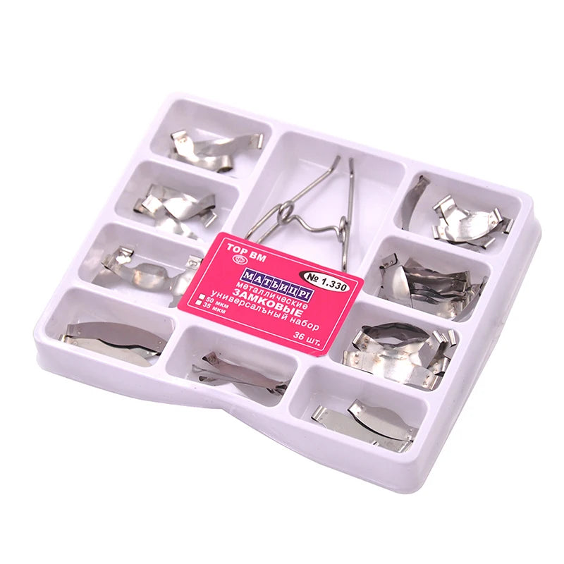 36/100 pcs Dental Supplies Matrix with Springclip NO.1.330 Sectional Contoured Metal Matrices Full kit for Teeth Replacement